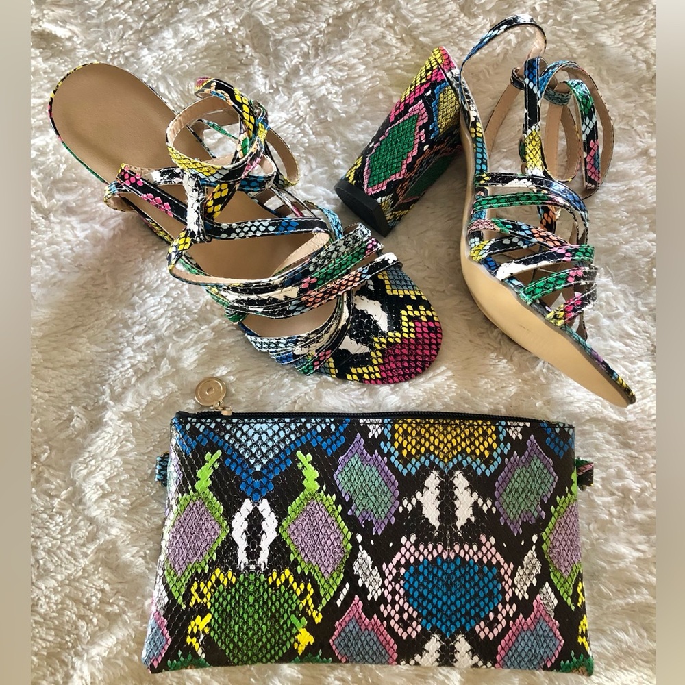 PAOTMBU Multicolor Ankle Strap Block Heel Sandals and Matching Bag 🔆
